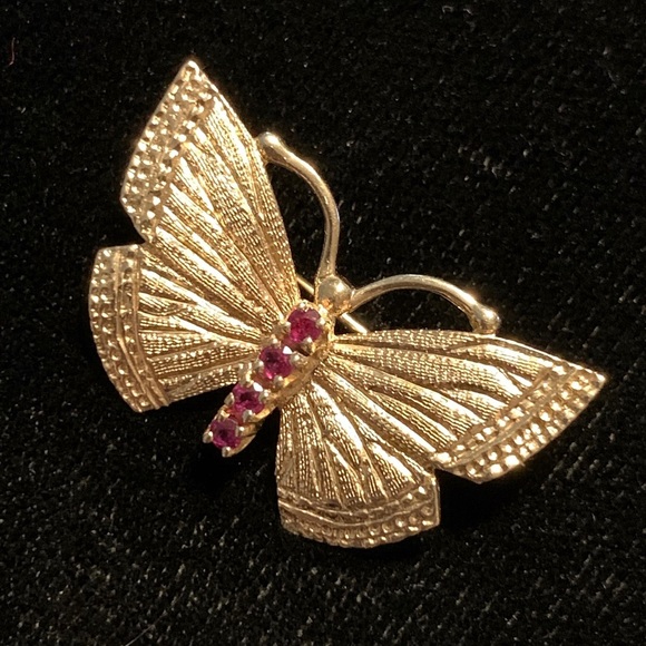 🦋 14K Solid Gold Ruby Butterfly Brooch Pin - Picture 3 of 8